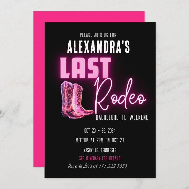 Last Rodeo Hot Pink Neon Cowboy Boots Bachelorette Invitation (Front/Back)