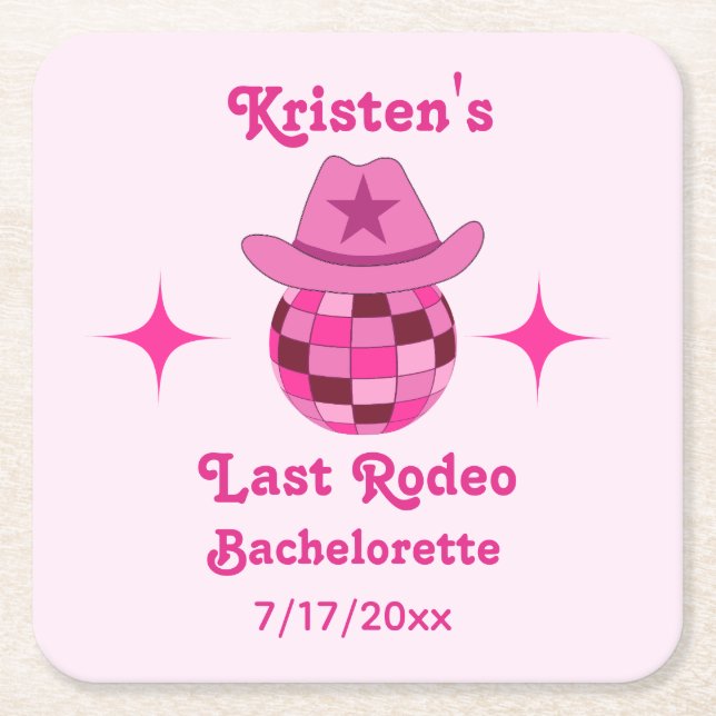 Last Rodeo Pink Disco Cowgirl Bachelorette  Square Paper Coaster (Front)