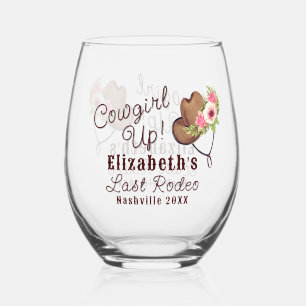 Last Rodeo Rustic Pink Cowgirl Up Bachelorette Stemless Wine Glass