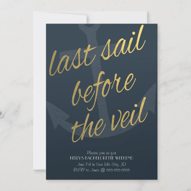 Last Sail Before the Veil Bachelorette in Navy Invitation (Front)