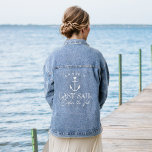 Last Sail Before the Veil Nautical Bachelorette Denim Jacket<br><div class="desc">Finish your look at your nautical or boating bachelorette party with this cute personalised denim jacket. Design features a white ship's anchor illustration topped by a small heart,  with two lines of custom text beneath; shown with "Last Sail Before the Veil." Add the bride's name curved across the top.</div>