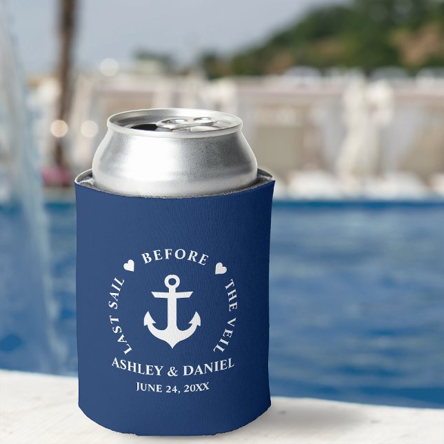 Last Sail Before The Veil Nautical Blue Wedding Can Cooler (Customize to change text size or text style.)
