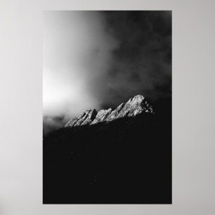 Last sun rays on the mountain in black and white poster