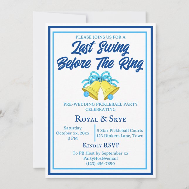 Last Swing Before the Ring Pickleball Wedding Blue Invitation (Front)