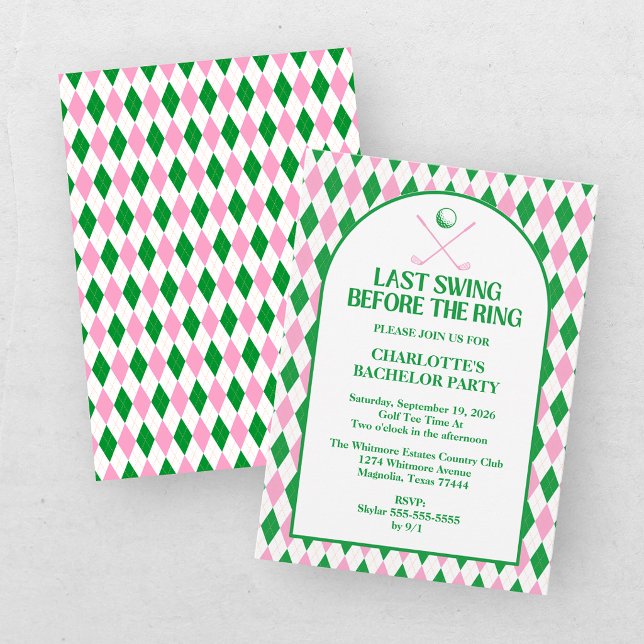 Last Swing Golf Bachelorette Pink Green Invitation (Creator Uploaded)