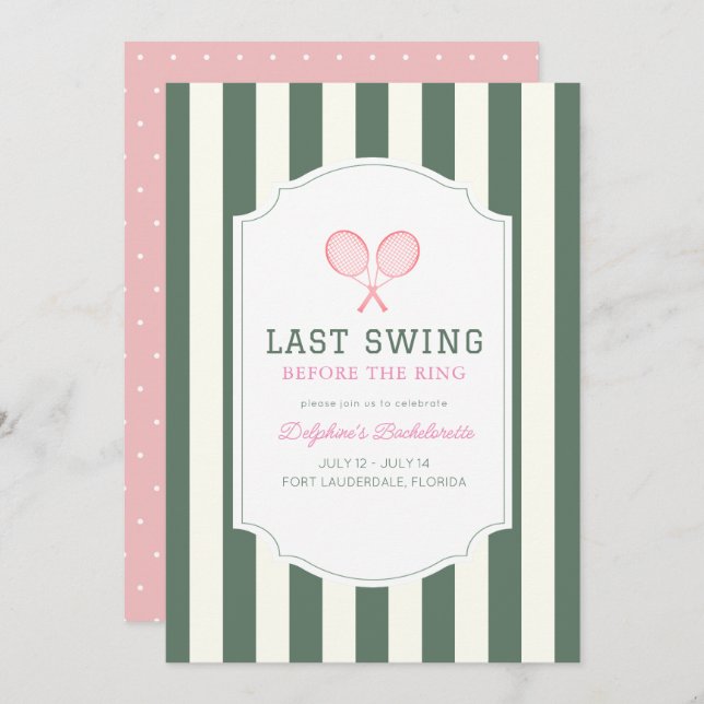 Last Swing Tennis Green Stripe Bachelorette Invitation (Front/Back)