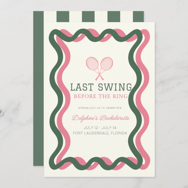 Last Swing Tennis Wavy Frame Bachelorette Weekend Invitation (Front/Back)