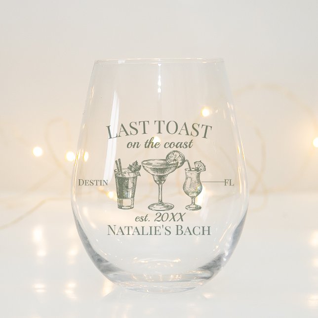 Last Toast On The Coast Beach Bachelorette Party Stemless Wine Glass (Creator Uploaded)
