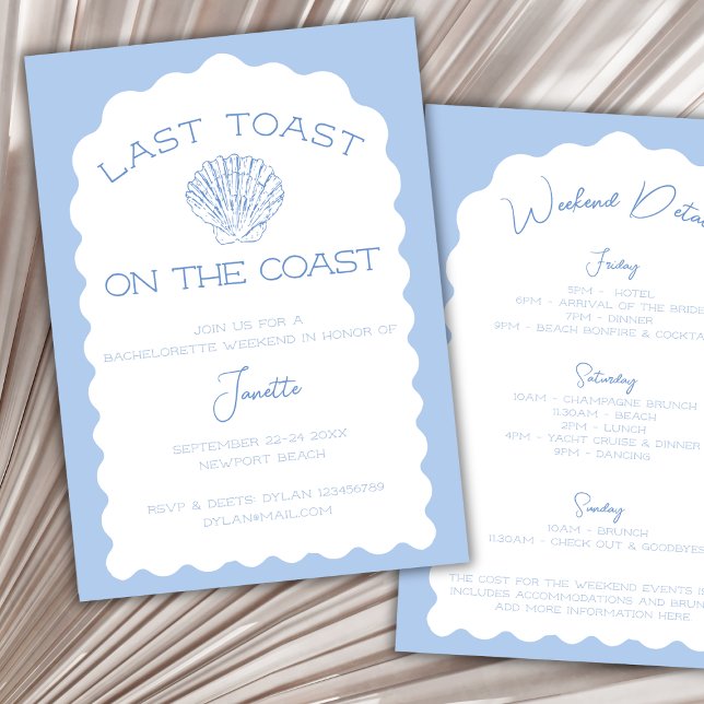 Last Toast On The Coast Beach Bachelorette Weekend Invitation (last toast on the coast bachelorette party invitation nautical weekend itinerary chic wavy arch)