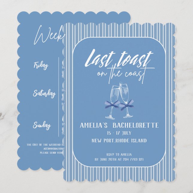 Last toast on the coast Blue Bachelorette party Invitation (Front/Back)