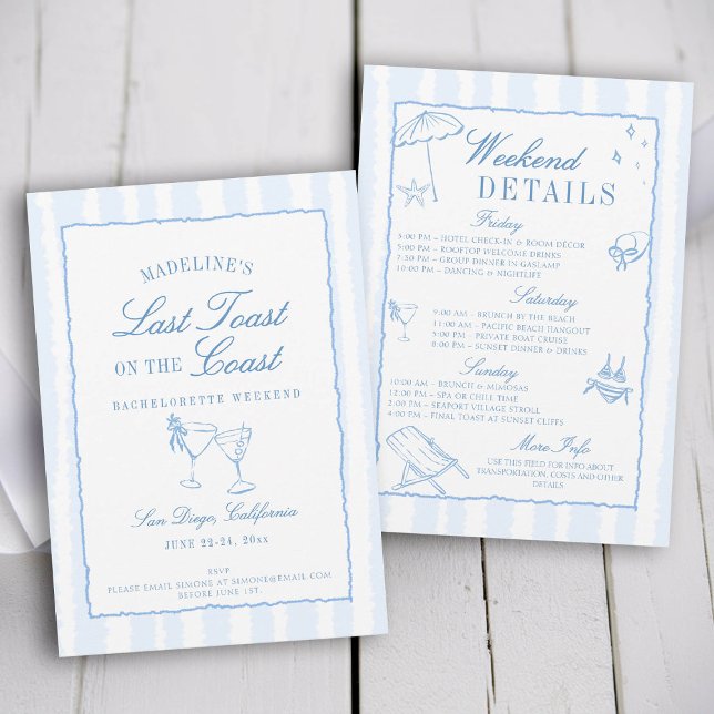 Last Toast on the Coast Blue Stripes Bachelorette Invitation (last toast on the coast bachelorette party itinerary hand drawn script calligraphy stripes frame)
