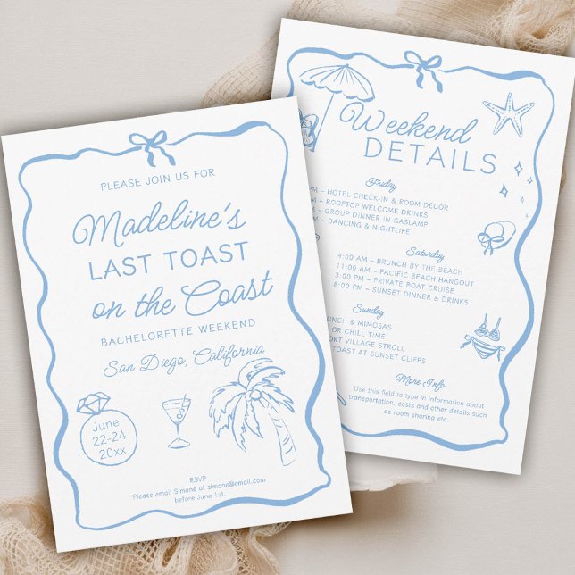Last Toast On the Coast Bow Bachelorette Party Invitation (last toast on the coast bachelorette party invitation invite itinerary hand written drawn doodle )