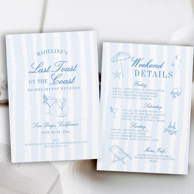 Last Toast on the Coast Drawn Stripes Bachelorette Invitation (last toast on the coast bachelorette party itinerary hand drawn stripes script calligraphy blue)