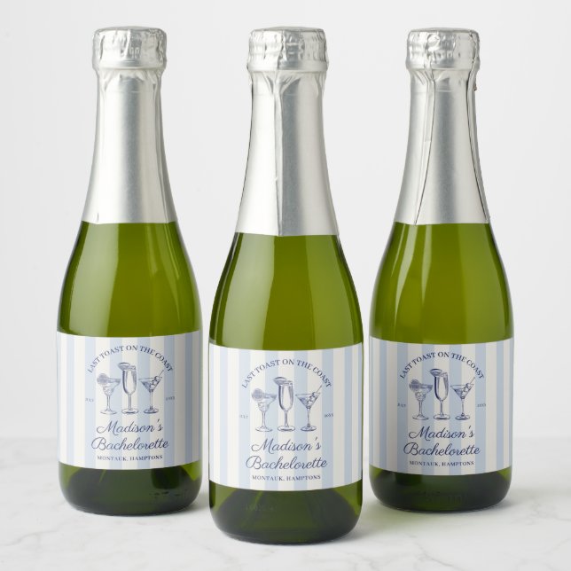 Last Toast On The Coast Dusty Blue Striped Sparkling Wine Label (Bottles)