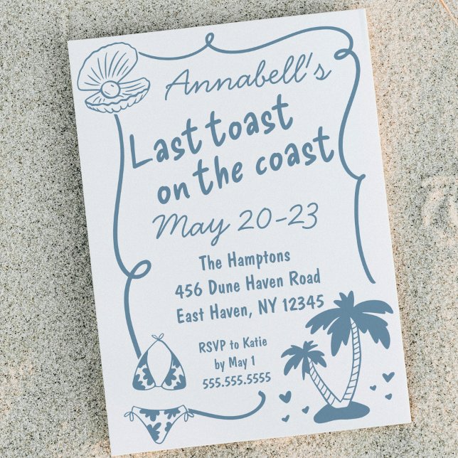 Last Toast on the Coast Hand Drawn Bachelorette Invitation (hand drawn "last toast on the coast" bachelorette party weekend itinerary invitation beach invite)