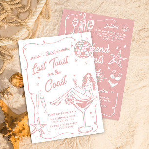 Last Toast On The Coast Pink Bachelorette Weekend Invitation