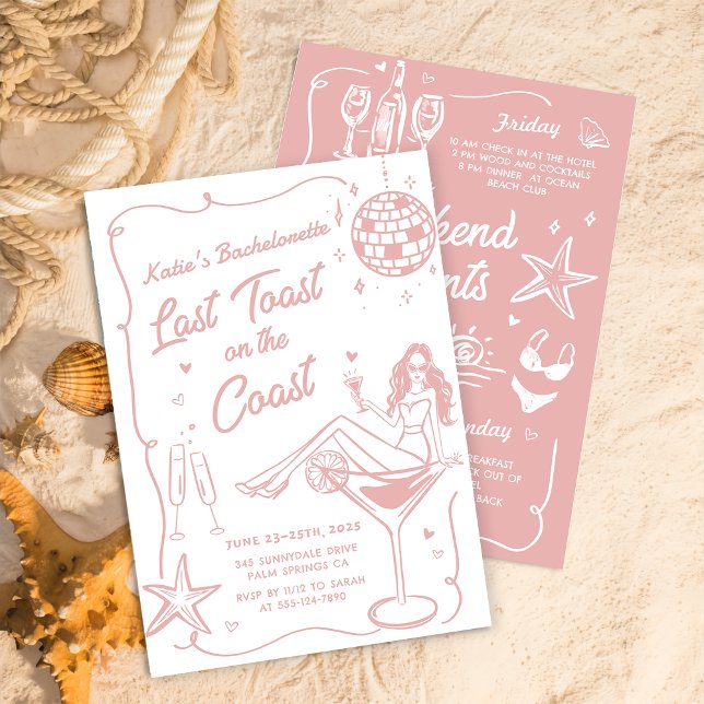 Last Toast On The Coast Pink Bachelorette Weekend Invitation (Creator Uploaded)