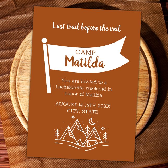 Last Trail Before The Trail Camping Bachelorette Invitation (Last trail before the veil camping bachelorette weekend itinerary camp flag rustic orange camp bach)