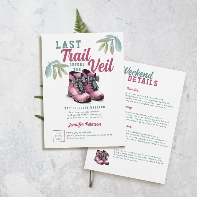 Last Trail Veil Camping Camp Bachelorette Party Invitation (last trail before the veil camp bachelorette ideas hiking boots pink green teal watercolor camping)