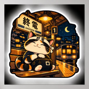 Last Train Cat Poster Japanese Station Night Art