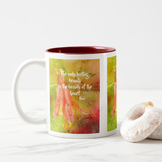 Lasting Beauty Columbine Inspirational Rumi Quote  Two-Tone Coffee Mug (With Donut)