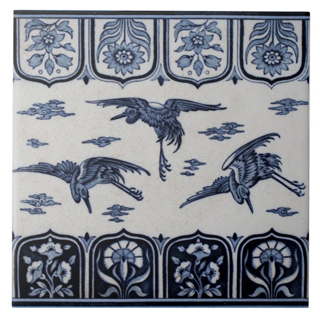 Late 1800s Repro Minton Blue Border Tile 3 Cranes (Front)