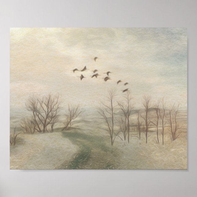 Late Autumn with Flying Geese Pencil Sketch Poster (Front)