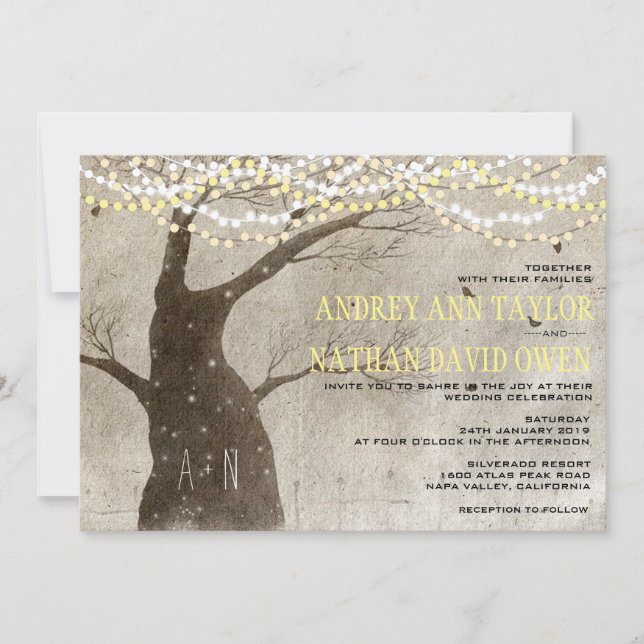 Late Fall or Winter Rustic Tree Lights Wedding Invitation (Front)