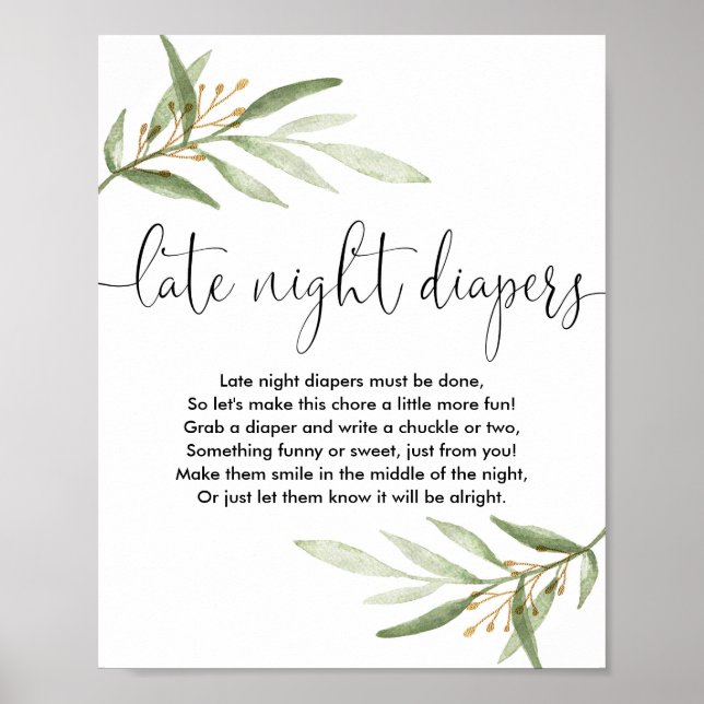 Late night diapers baby shower game greenery gold poster (Front)