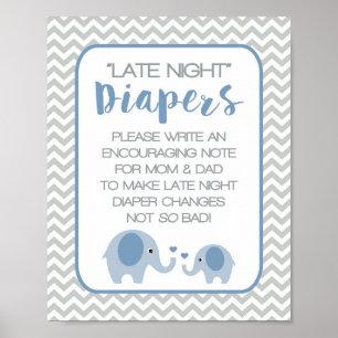 Late Night Diapers Baby Shower Sign Blue Elephants