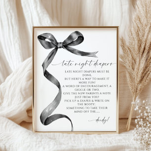 Late Night Diapers Black Bow Baby Shower Poster