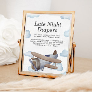 Late Night Diapers Blue Aeroplane Baby Shower Poster