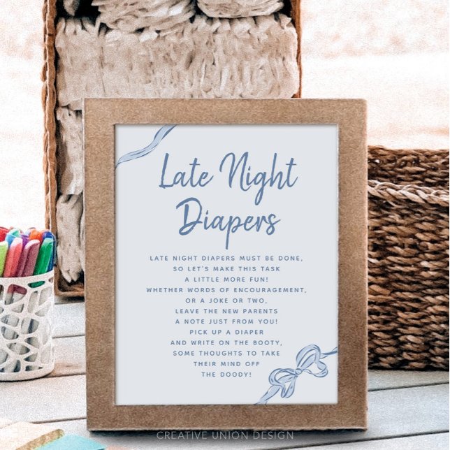 Late Night Diapers Blue Bow Baby Shower Game Sign (Creator Uploaded)