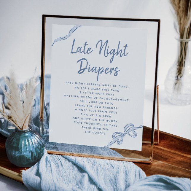 Late Night Diapers Blue Bow Baby Shower Game Sign (Creator Uploaded)