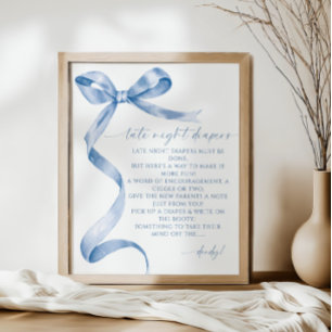 Late Night Diapers Blue Bow Baby Shower Poster