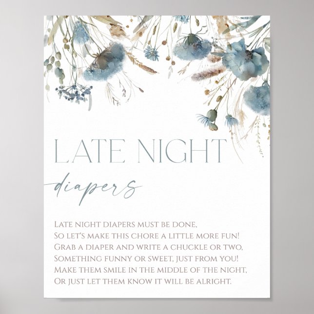 Late night diapers boho dusty blue wildflower poster (Front)