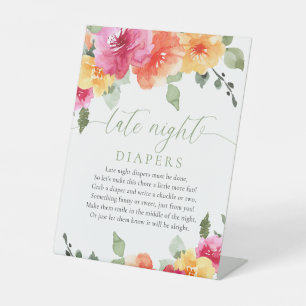 Late night diapers colourful floral baby shower pedestal sign