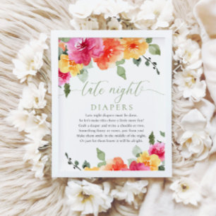 Late night diapers colourful floral baby shower  poster