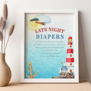 Late Night Diapers Cute Nautical Baby Shower Poster