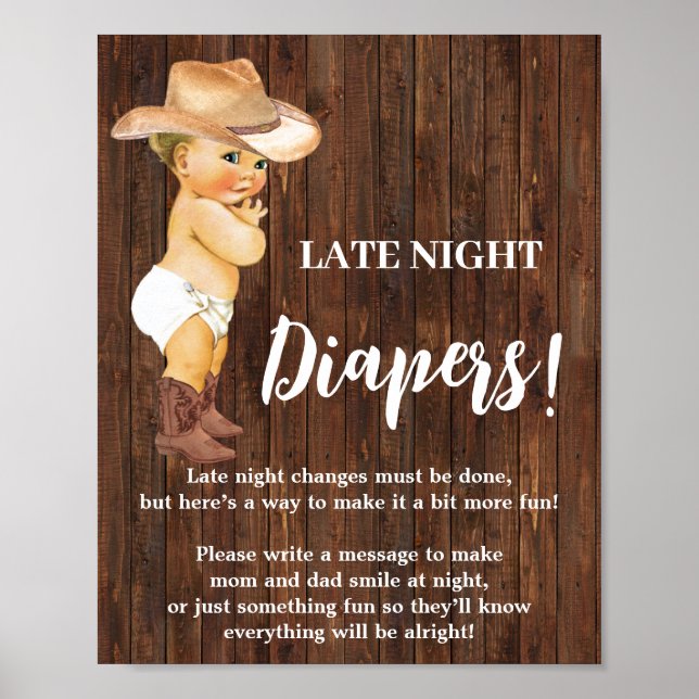 Late Night Diapers Game Cowboy Baby Shower Sign (Front)