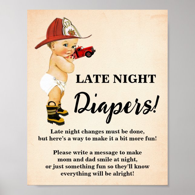Late Night Diapers Game Firefighter Baby Shower Poster (Front)
