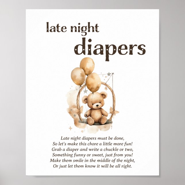 Late Night Diapers Gender Neutral Baby Shower Game Poster (Front)