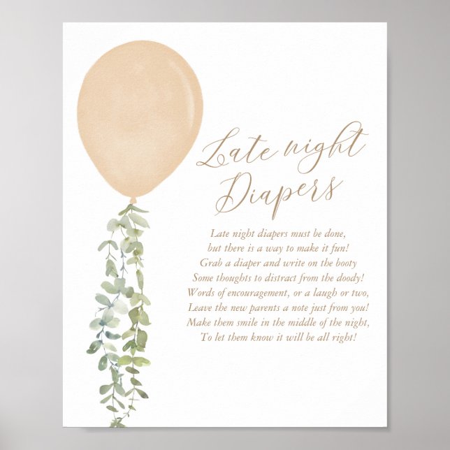 Late Night Diapers Gold Balloon Baby Shower Poster (Front)