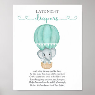 Late Night Diapers Green Elephant Baby Shower Game Poster