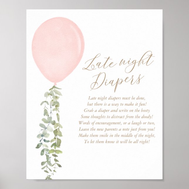 Late Night Diapers Pink Balloon Girl Baby Shower Poster (Front)
