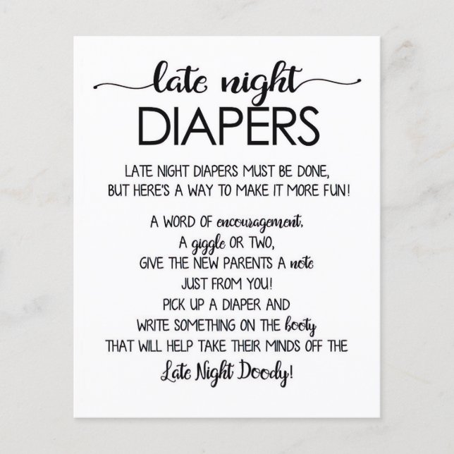 Late Night Diapers Printable, Rustic Baby Shower (Front)