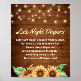 Late Night Diapers Rustic Sunflower Baby Shower Poster