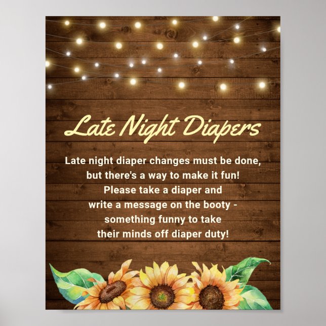Late Night Diapers Rustic Sunflower Baby Shower Poster (Front)