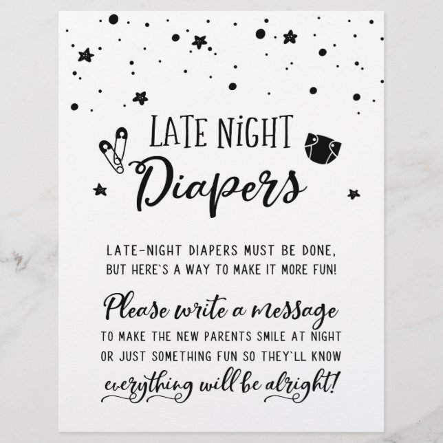 Late Night Diapers Sign Baby Shower Party Game (Front)