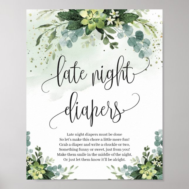 Late night diapers sign succulent greenery foliage (Front)